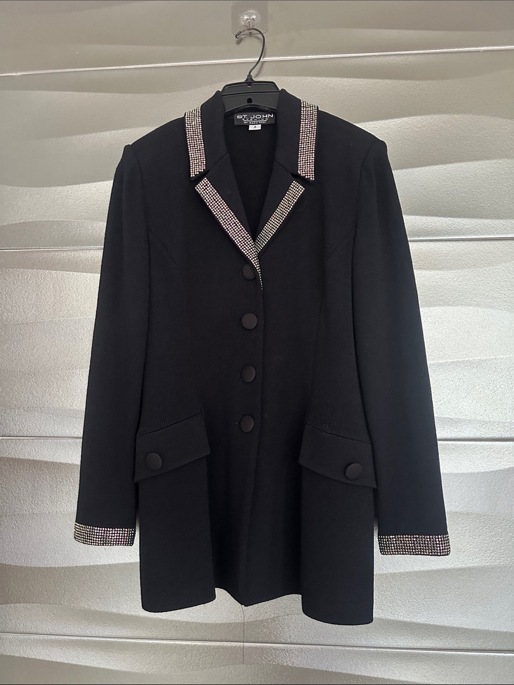 St. John Black Blazer with Crystal-Trim Collar and Cuffs in very good condition